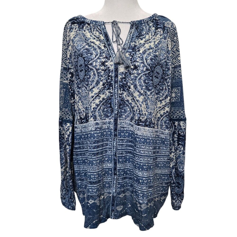 NWT Lucky Brand 1X Blue Boho Peasant Blouse Tassel Tie Long Sleeve Plus